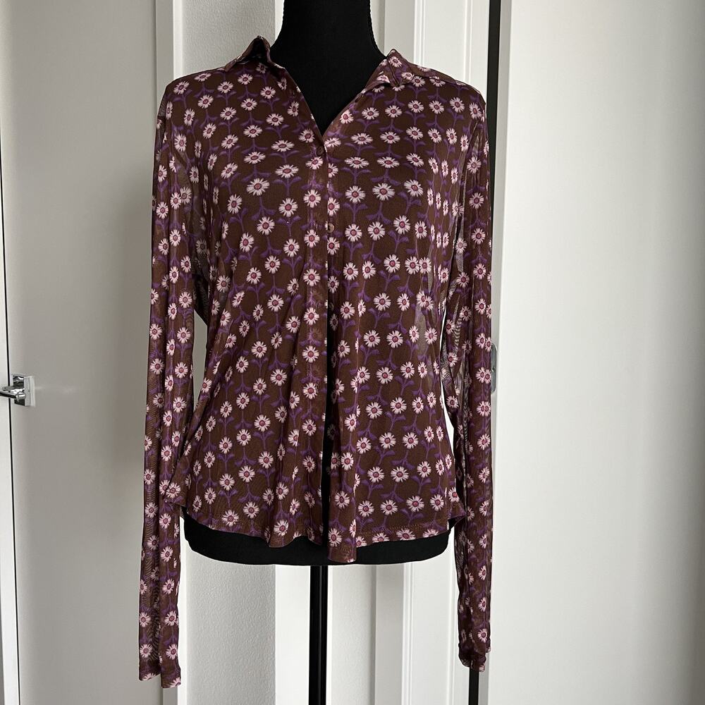Lavender Moon Shirt Womens XL Sheer Mesh Floral Print Long Sleeve Retro Preppy